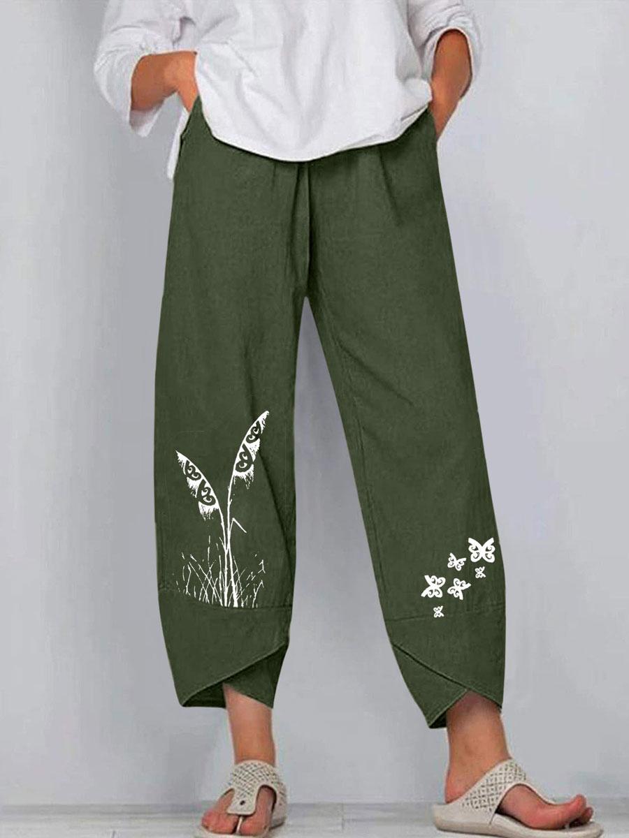 Printed Loose Casual Cotton And Linen Elastic Waist Pants