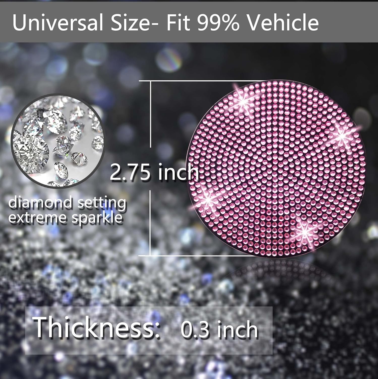 2pcs Bling Car Cup Holder Coaster, 2.75 inch Anti-Slip Shockproof Universal Fashion Vehicle Car Coasters Insert Bling Crystal Rhinestone Auto Automotive Interior Accessories for Women (2 pcs, Pink)