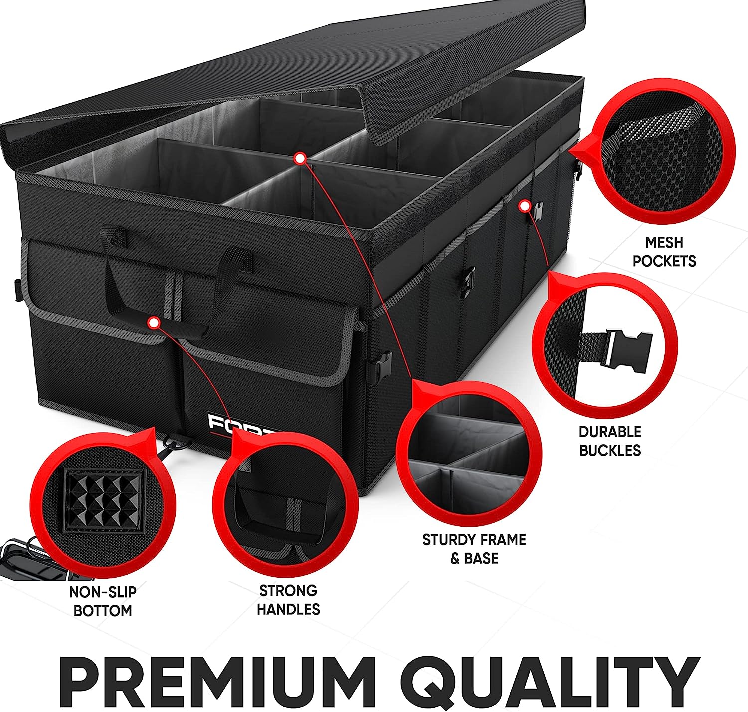 FORTEM Car Trunk Organizer, Car Storage Organizer, Collapsible Multi Compartment Car Organizer, SUV Trunk Organizer, Non Slip Bottom, Adjustable Securing Straps, Foldable Cover (Black, X-Large)