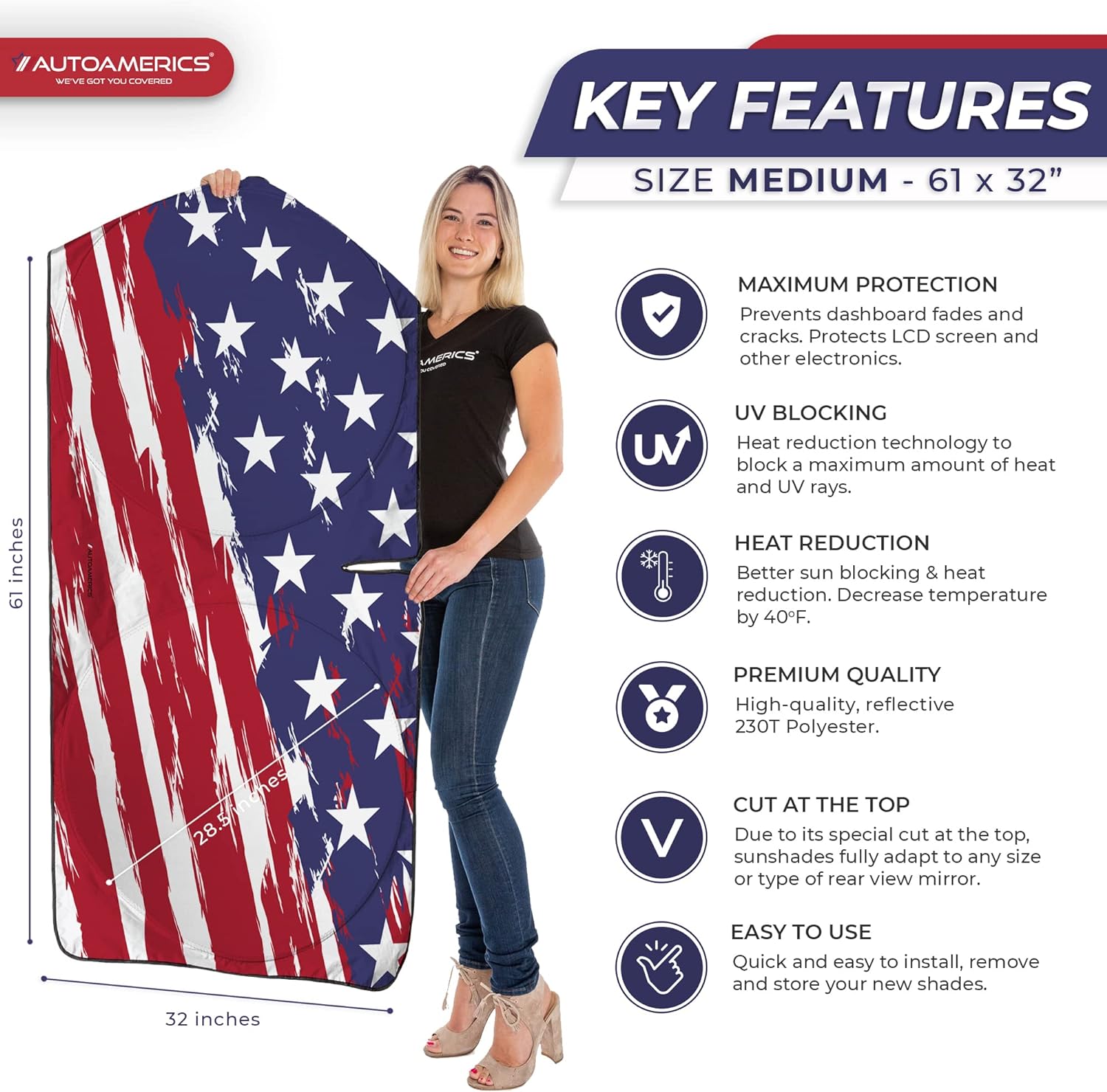 Autoamerics 1-Piece Windshield Sun Shade USA Art Flag - 2 American  - Foldable Car Front Window Sunshade for Most Sedans SUV Truck - Blocks Max UV Rays and Keeps Your Vehicle Cool - Medium