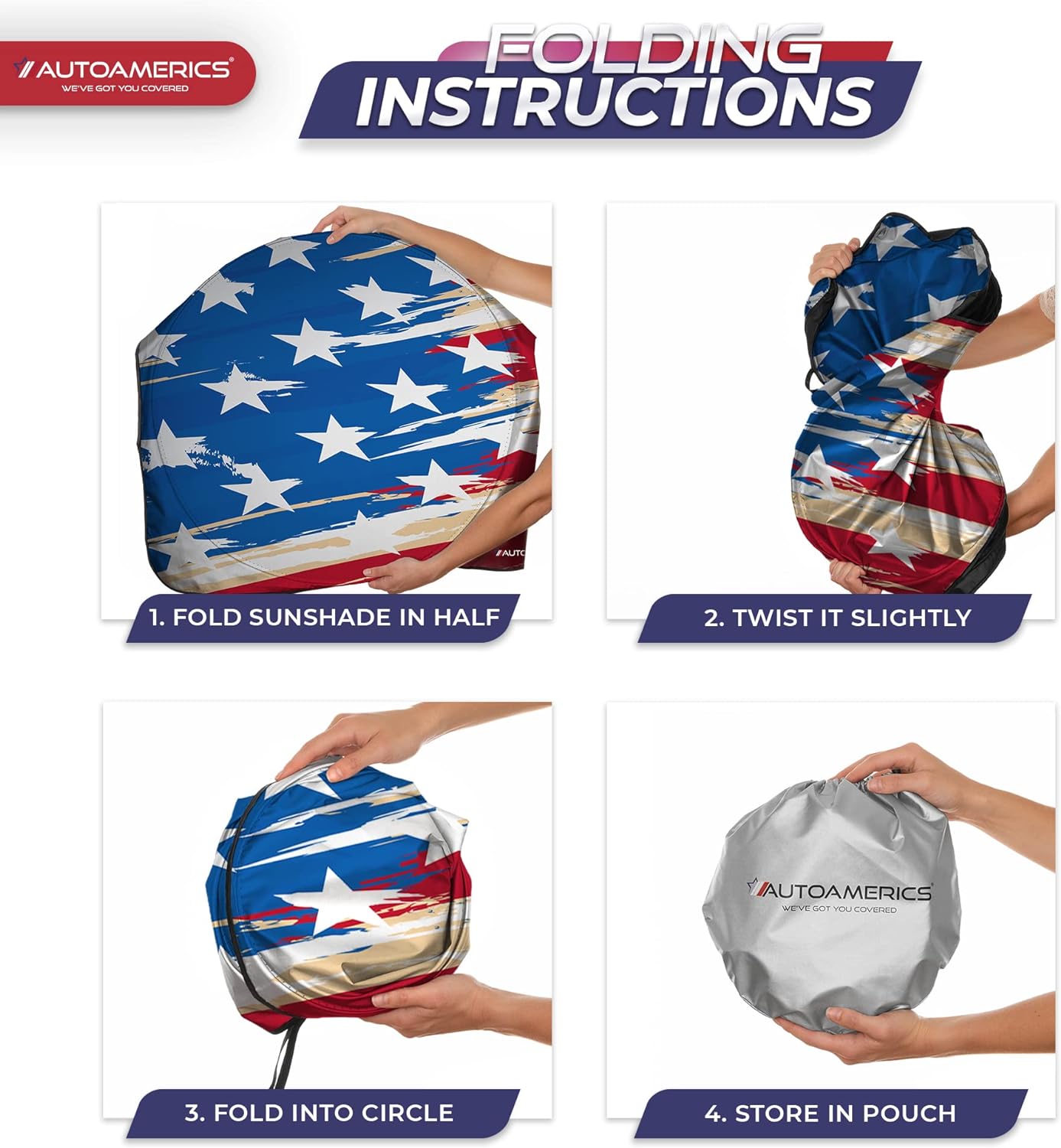 Autoamerics 1-Piece Windshield Sun Shade USA Art Flag - 1 American  - Foldable Car Front Window Sunshade for Most Sedans SUV Truck - Blocks Max UV Rays and Keeps Your Vehicle Cool - Medium