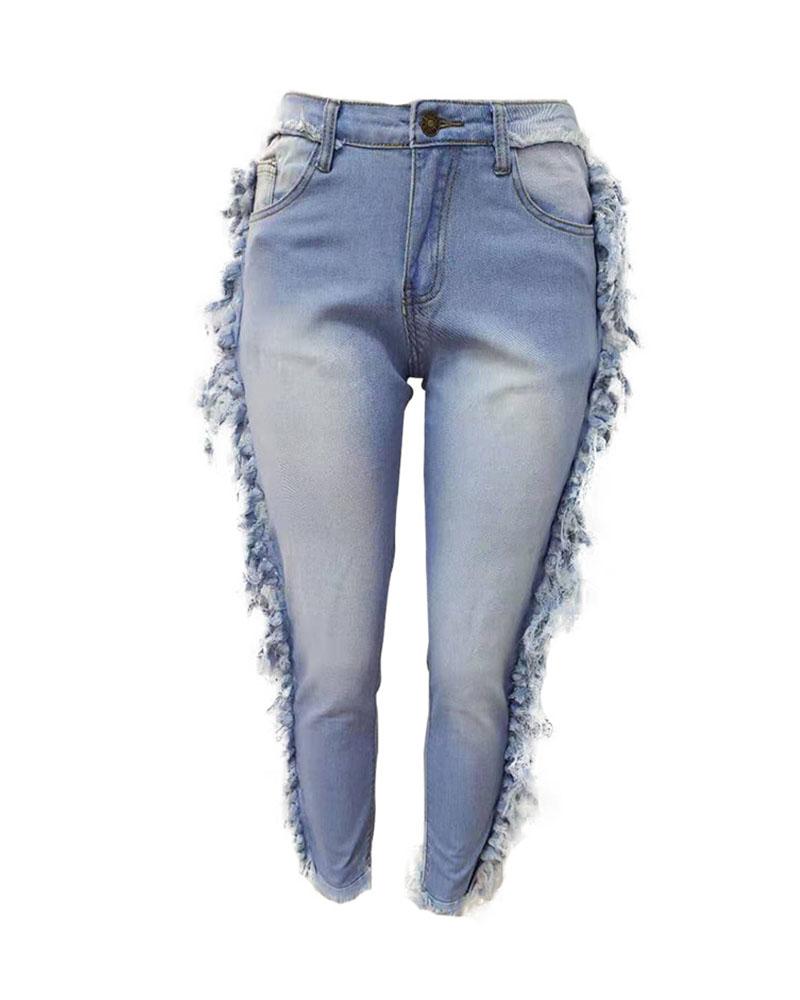 Zipper Fly Tassel Detail Raw Hem Skinny Jeans