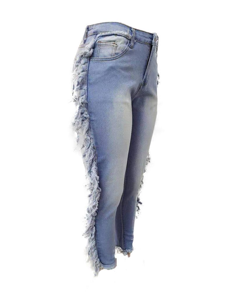 Zipper Fly Tassel Detail Raw Hem Skinny Jeans