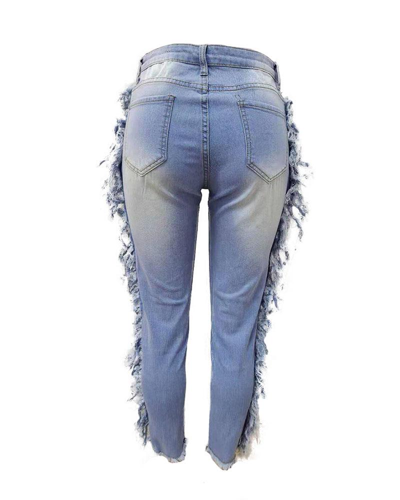 Zipper Fly Tassel Detail Raw Hem Skinny Jeans