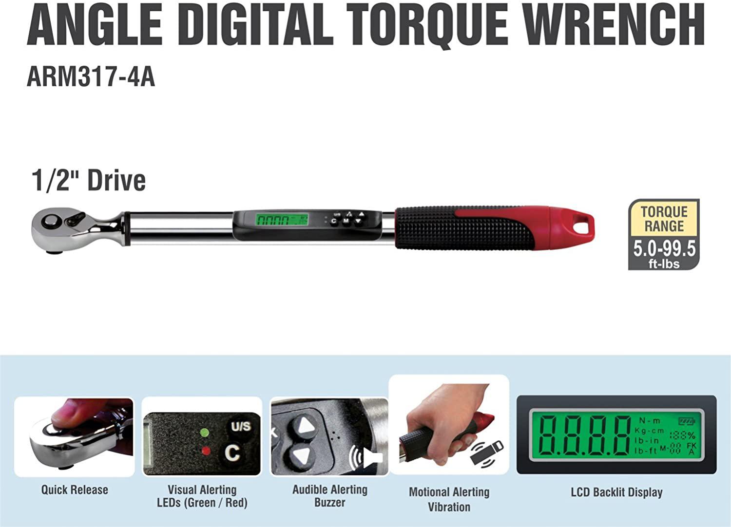 ACDelco Tools 1/2" (Inch) Compact Angle Digital Torque Wrench, Measures 5.0 – 99.5 ft-lbs. Ranof Torque, 17-7/8” Length, LCD Display, Audible Notification Buzzer, Vibration &amp; LED Light ARM317-4A