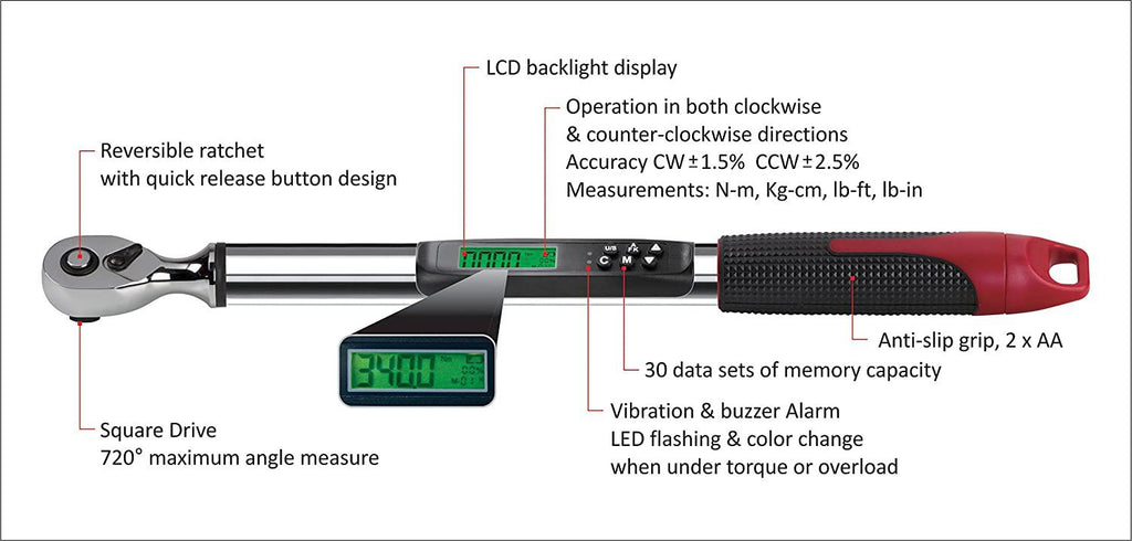 ACDelco Tools 1/2" (Inch) Compact Angle Digital Torque Wrench, Measures 5.0 – 99.5 ft-lbs. Ranof Torque, 17-7/8” Length, LCD Display, Audible Notification Buzzer, Vibration &amp; LED Light ARM317-4A