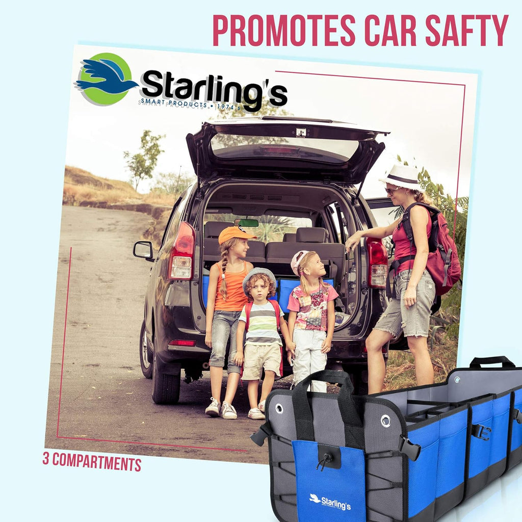 Starling's Car Trunk Organizer - Durable Storage SUV Cargo Organizer Adjustable (Blue, 3 Compartments)