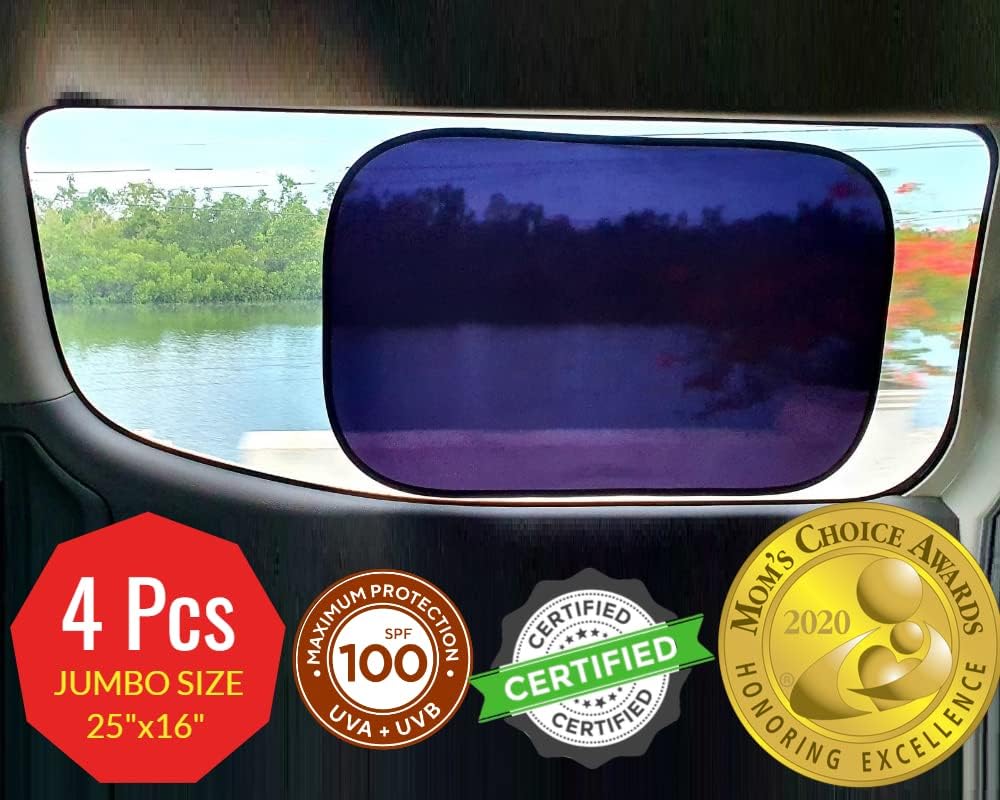 Kinder Fluff Car Window Shades (4X) - The Only Certified Sun Shade Blocking 99.95% UVR - Award Winning for Baby, Automotive Sunshades For Van, SUV &amp; Aircraft Pilot - XL