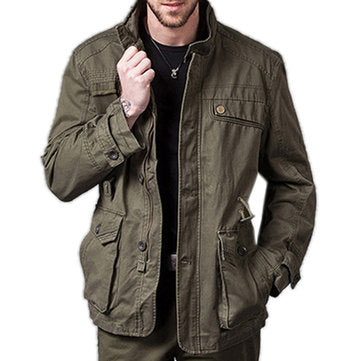 stand collar pockets cotton waist drawstring military solid color jacket for men