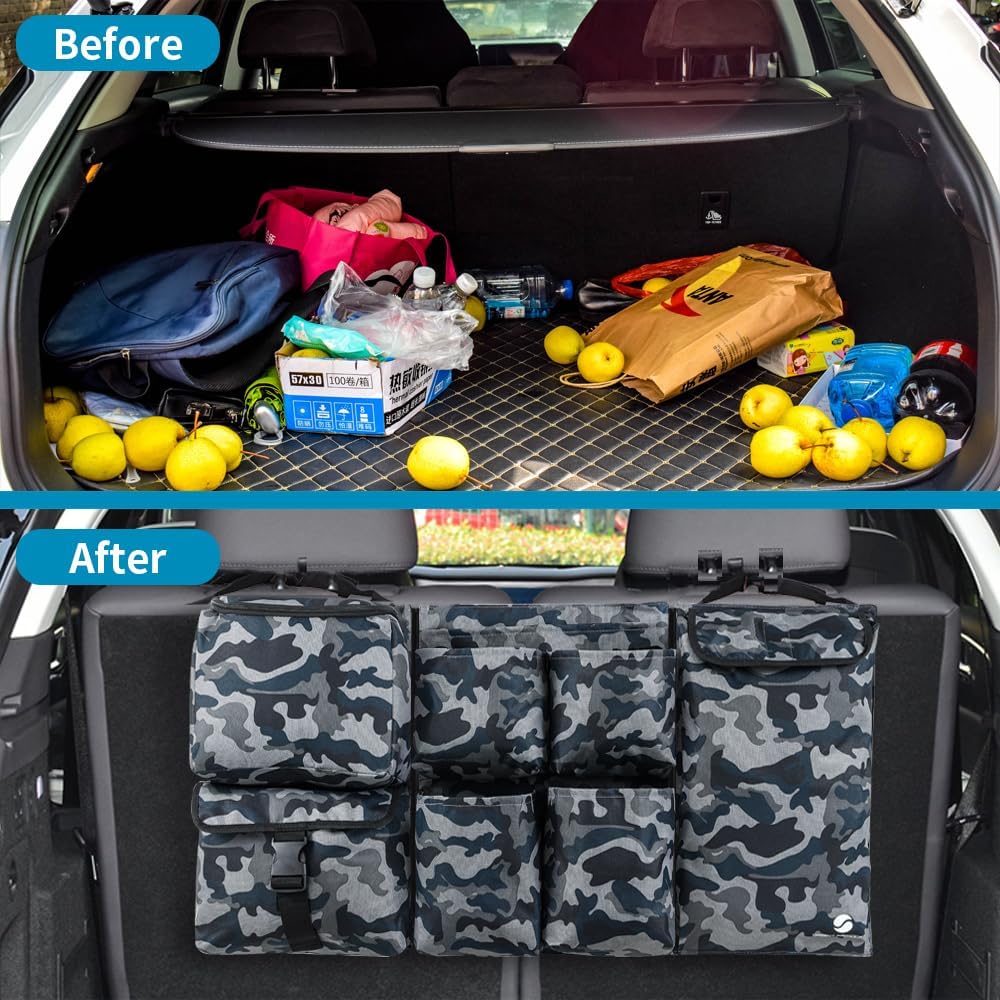 Car Trunk Organizer with Cooler, Hanging Car Organizers and Storage with Large Pockets, Zippers Detachable Seat Back Organizers Storage, Waterproof Car Storage Trunk Organizer for Jeeps, SUVs, Camo