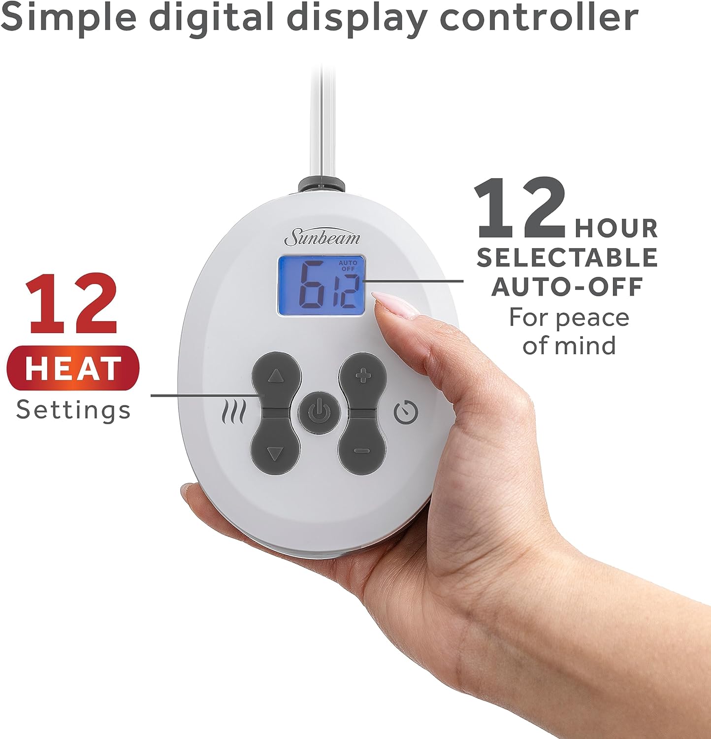 Sunbeam Royal Ultra Fleece Heated Electric Blanket King Size, 90" x 100", 12 Heat Settings, 12-Hour Selectable Auto Shut-Off, Fast Heating, Machine Washable, Warm and Cozy, Mushroom