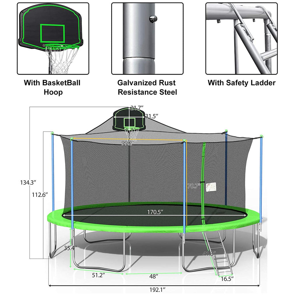 Favorland 16FT Trampoline with Safety Enclosure, Green