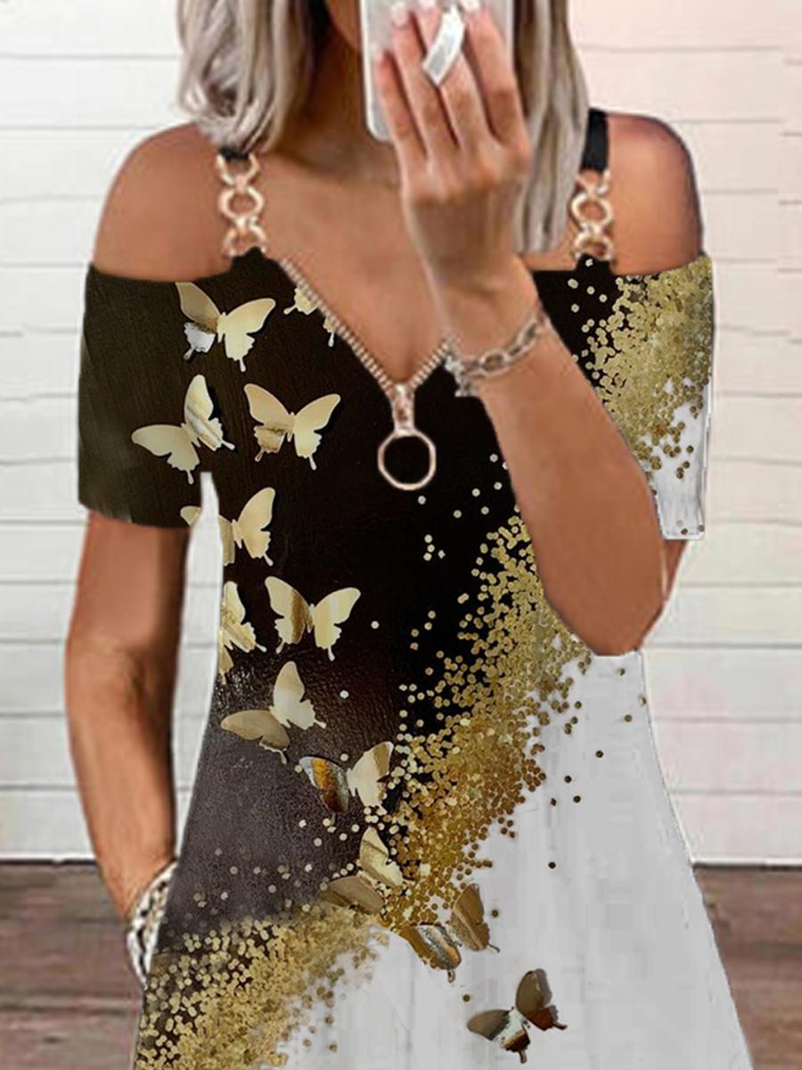 Casual Butterfly Floral Print Off-shoulder Midi Dress Womens