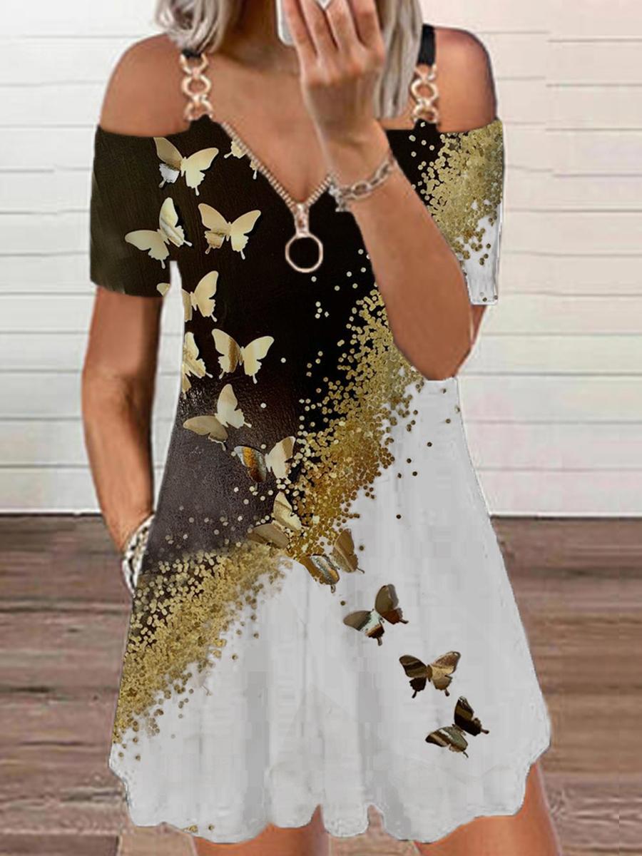 Casual Butterfly Floral Print Off-shoulder Midi Dress Womens