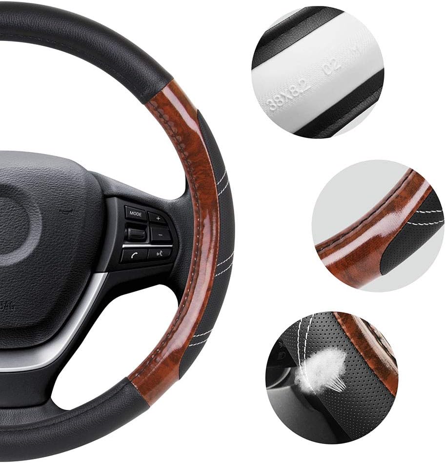 Elantrip Wood Grain Steering Wheel Cover Leather 14.5 to 15 inches Anti Slip for Car Truck SUV Jeep
