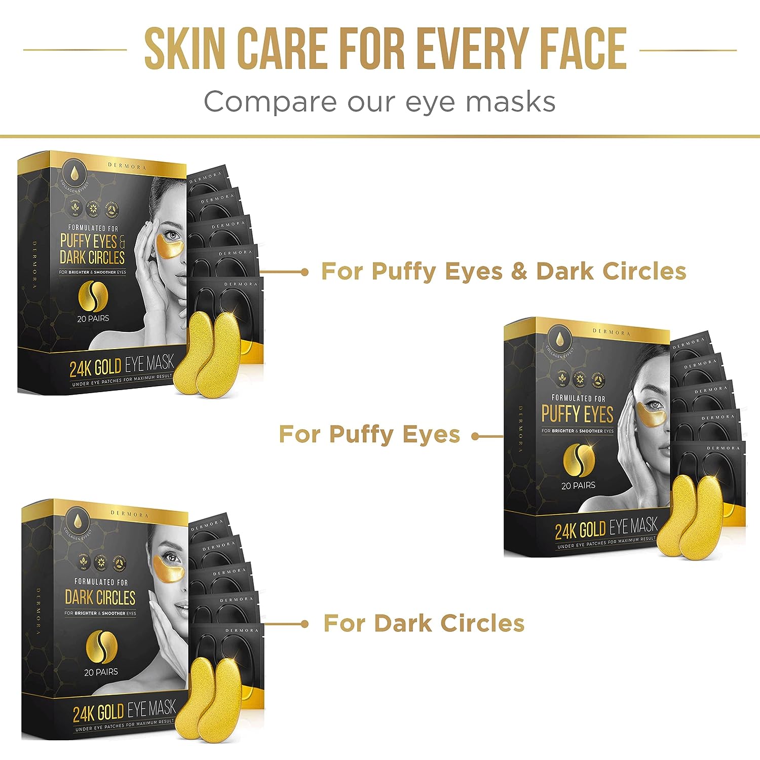 DERMORA Skin Treatment Mask 24K Gold Eye Mask - Rejuvenating Treatment for Dark Cirlce,Puffiness,Refresh,Revitalizing,Wrinkles - 30 Pairs Eye Gels