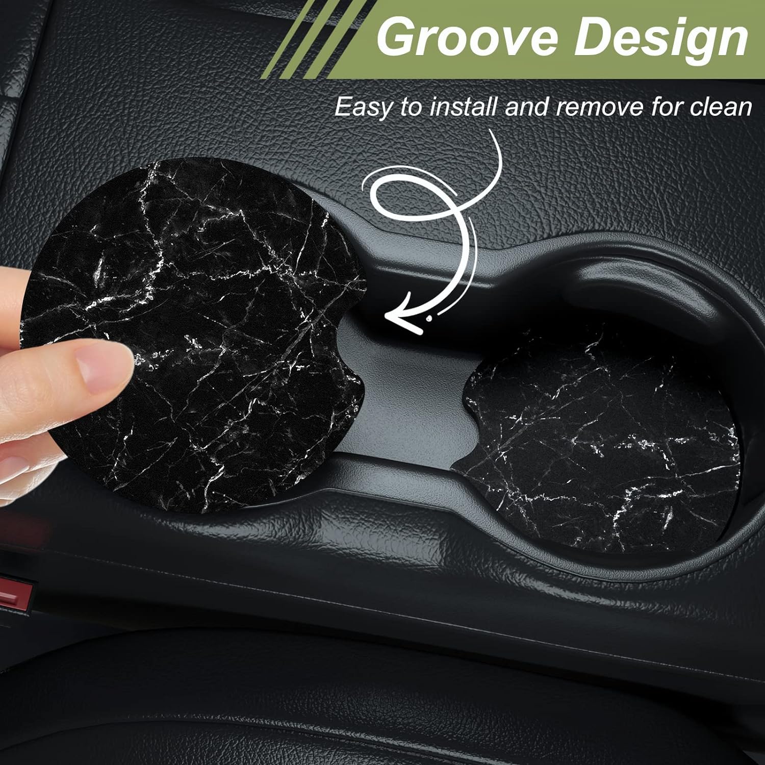 Nipichsha Car Cup Holder Coasters, Car Coasters for Cup Holders, 2 Pack Anti Slip Insert Coasters, Rubber Car Cup Mat with A Finger Notch, Cute Car Interior Accessories for Women Men(Black Marble)
