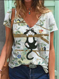 Ladies V-neck Cat Print T-shirt