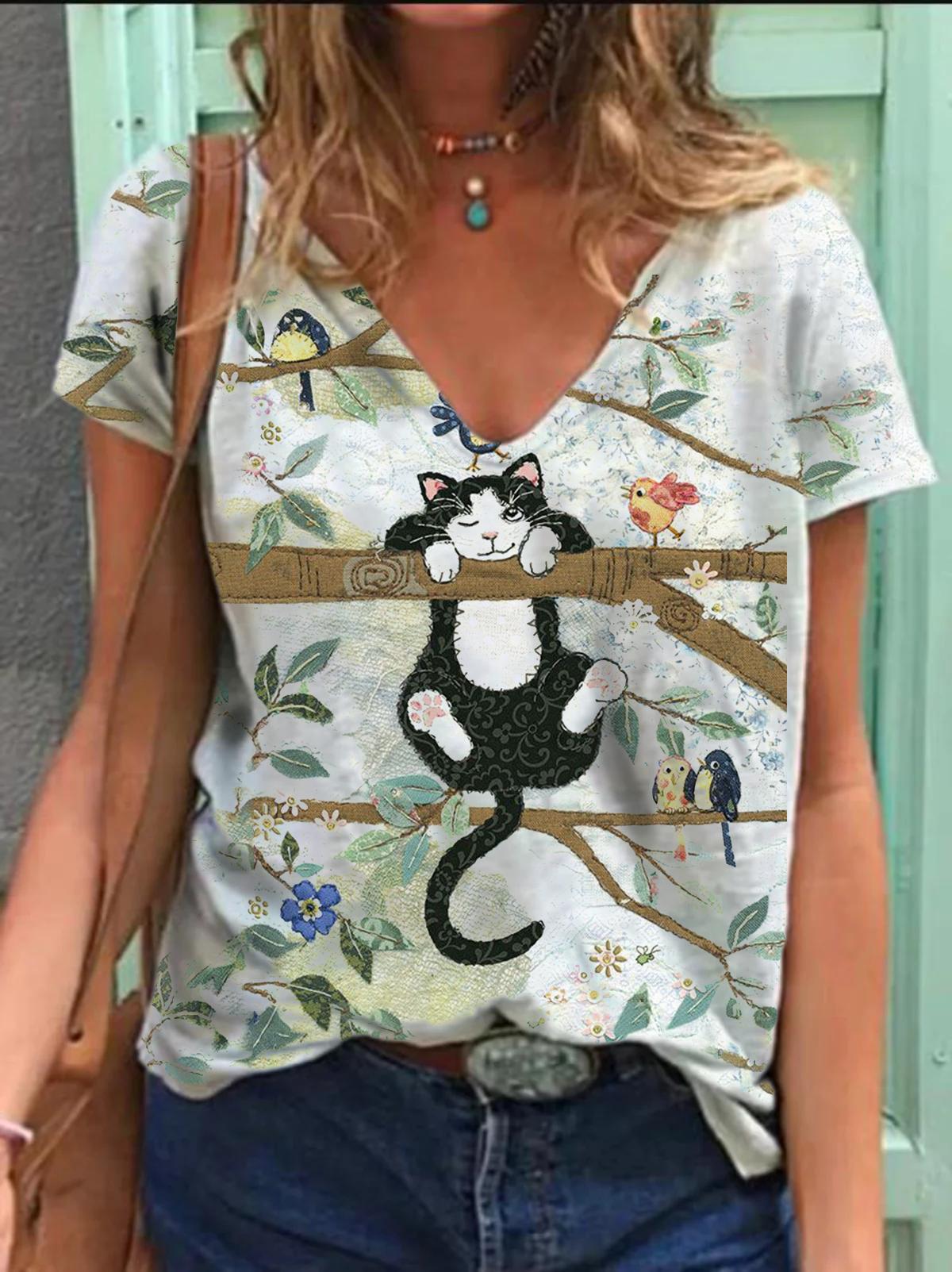 Ladies V-neck Cat Print T-shirt