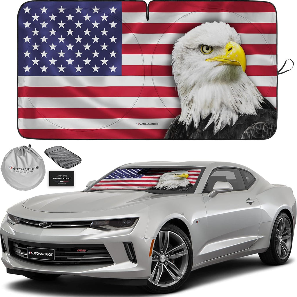 Autoamerics 1-Piece Windshield Sun Shade American Eagle Flag USA Patriotic  - Foldable Car Front Window Sunshade for Sedans SUV Truck - Blocks Max UV Rays and Keeps Your Vehicle Cool - Small