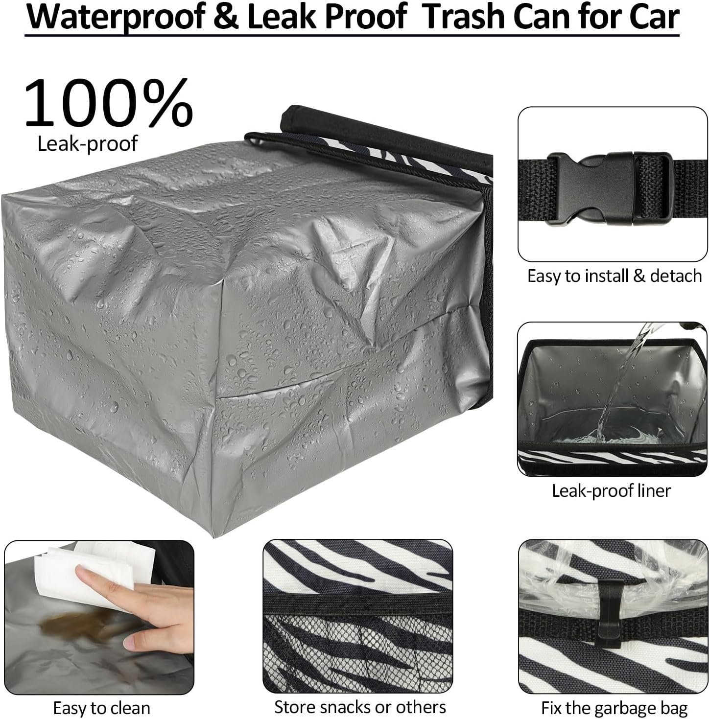ELONGRIVER Car Trash Can Bin for Car Back Seat Leak Proof, Cute Car Trash Bag Hanging, Vehicle Trash Can for SUV Truck Van, Automotive Car Garbage Cans Front Seat Zebra