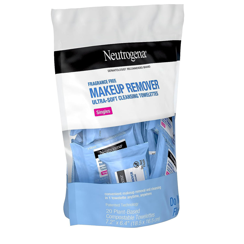 Neutrogena Fragrance-Free Makeup Remover Cleansing Towelette Singles, Individually-Wrapped Daily Face Wipes to Remove Dirt, Oil, Makeup &amp; Waterproof Mascara for Travel &amp; On-the-Go, 20 ct (Pack of 6)