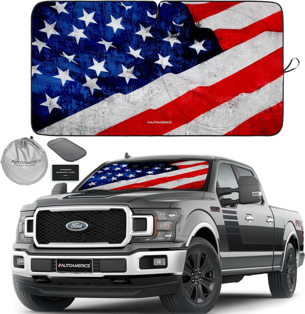 Autoamerics 1-Piece Windshield Sun Shade Grunge American Flag - 4 USA  - Foldable Car Front Window Sunshade for Most Sedans SUV Truck - Blocks Max UV Rays and Keeps Your Vehicle Cool - X-Large