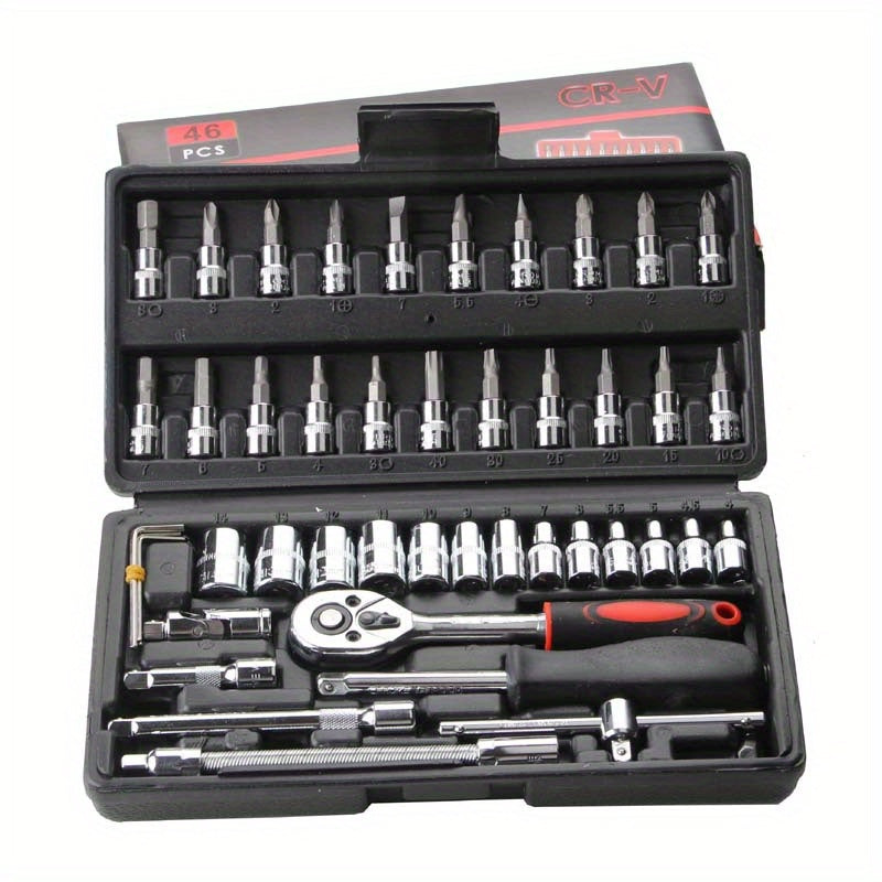 46pcs Car Repair Tool Kit: Ratchet Torque Wrench, Spanner, Screwdriver, Socket Set Combo - Perfect For Bicycle &amp; Auto Repairing!