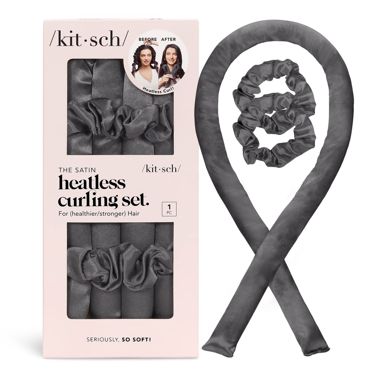 Kitsch Satin Heatless Curling Set - Hair Rollers for Heatless Curls | Heatless Hair Curlers &amp; Hot Rollers | Hair Curlers to Sleep in | Heatless Curling Rod Headband | Heatless Curler (Charcoal)