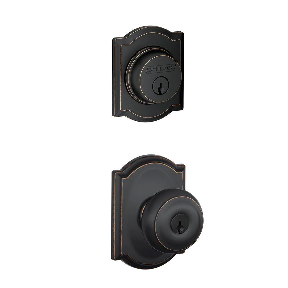 Camelot Aged Bronze Single Cylinder Deadbolt with Georgian Entry Door Knob Combo Pack