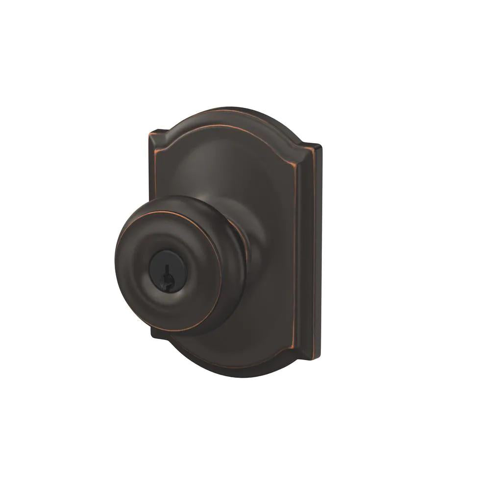 Camelot Aged Bronze Single Cylinder Deadbolt with Georgian Entry Door Knob Combo Pack