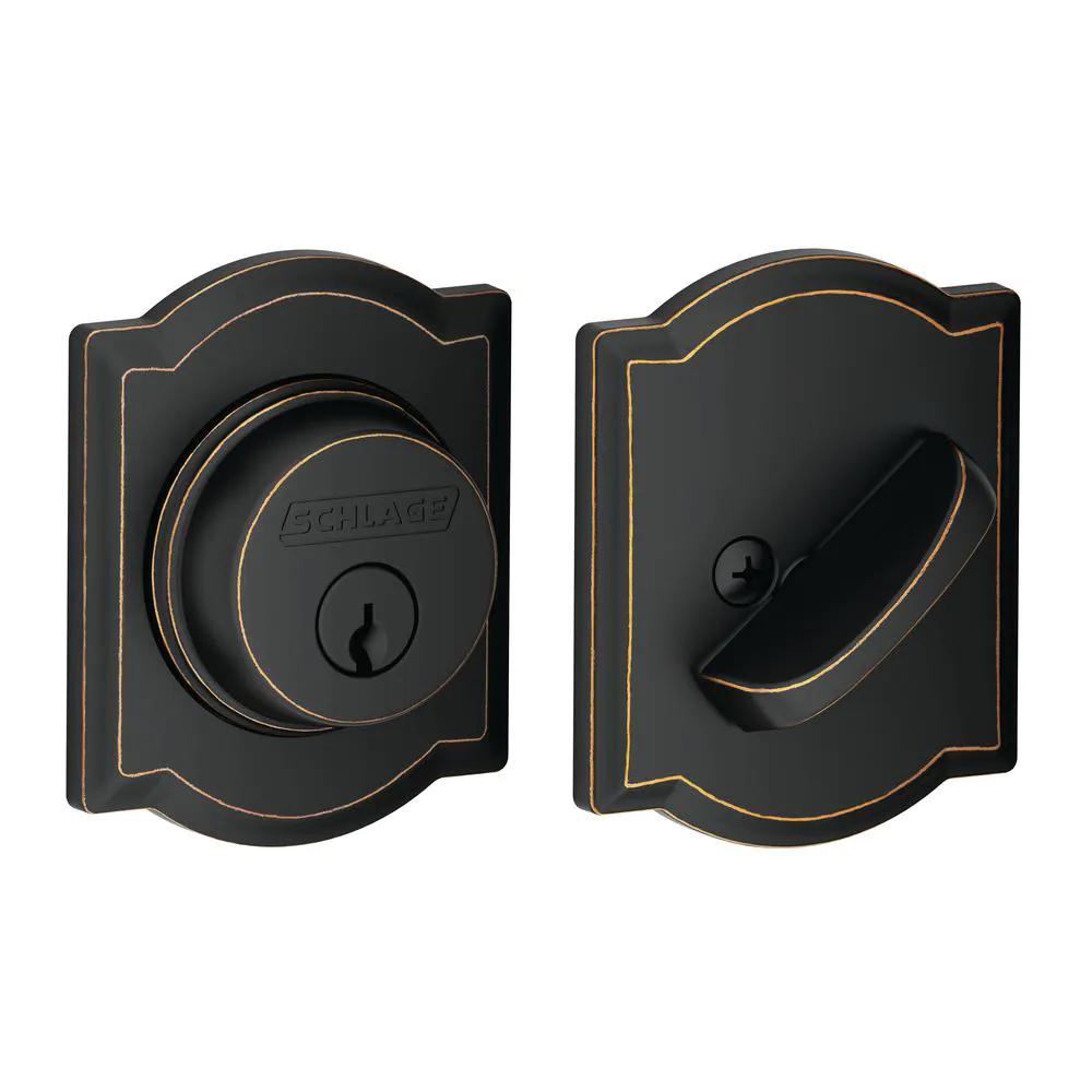 Camelot Aged Bronze Single Cylinder Deadbolt with Georgian Entry Door Knob Combo Pack