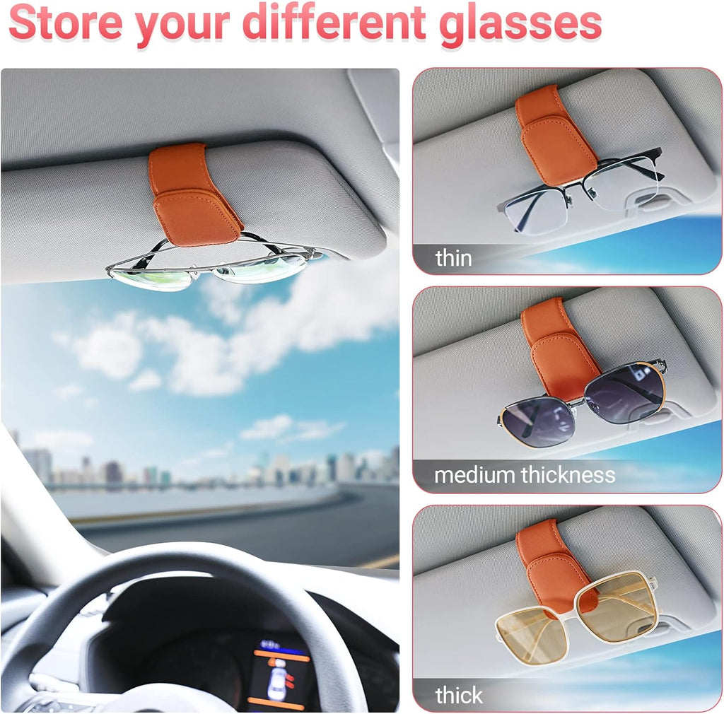 Sunglass Holder for Car Visor Sunglasses Clip Magnetic Leather Glasses Eyeglass Holder Truck Car Interior Accessories Universal for Woman Man -Orange