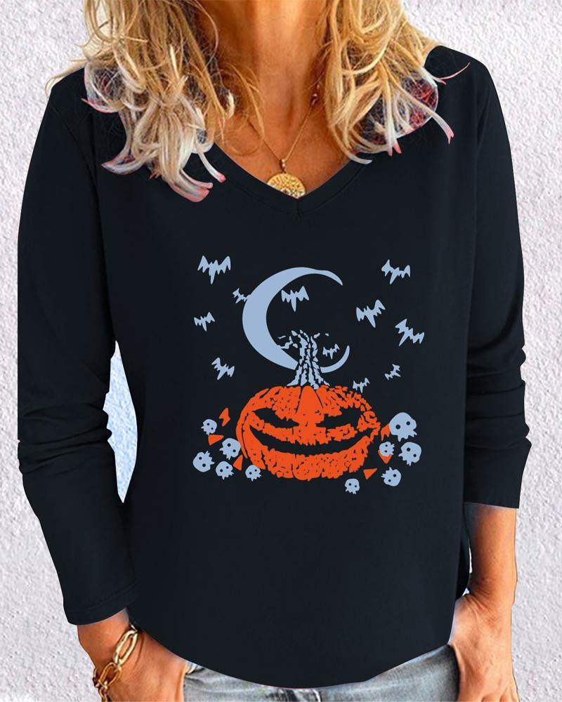 Halloween Pumpkin Batwing Skull Pattern Long Sleeve Top