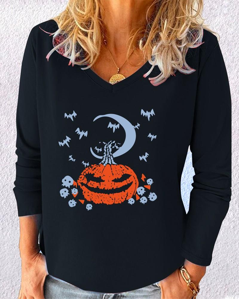 Halloween Pumpkin Batwing Skull Pattern Long Sleeve Top