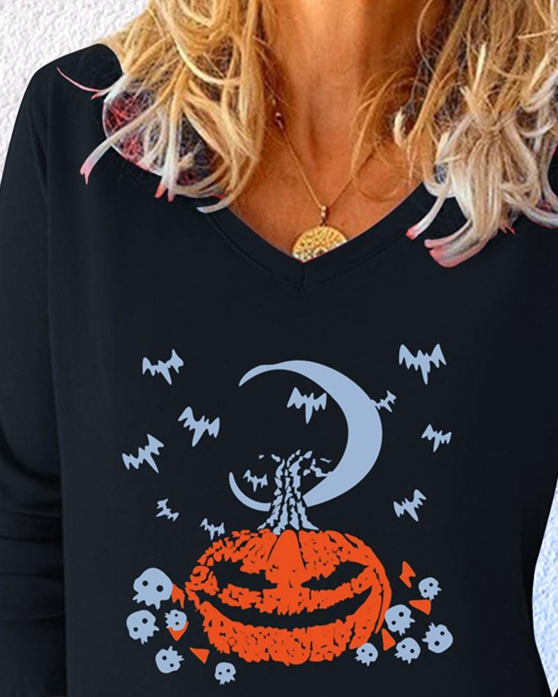 Halloween Pumpkin Batwing Skull Pattern Long Sleeve Top