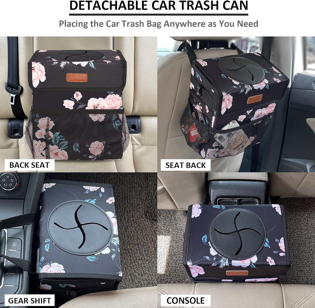 Vankor Car Trash Can for Car Cute, Car Trash Bag Bin Hanging Waterproof Automotive Car Garbage Cans Leak Proof Vehicle Trash Can Black Floral