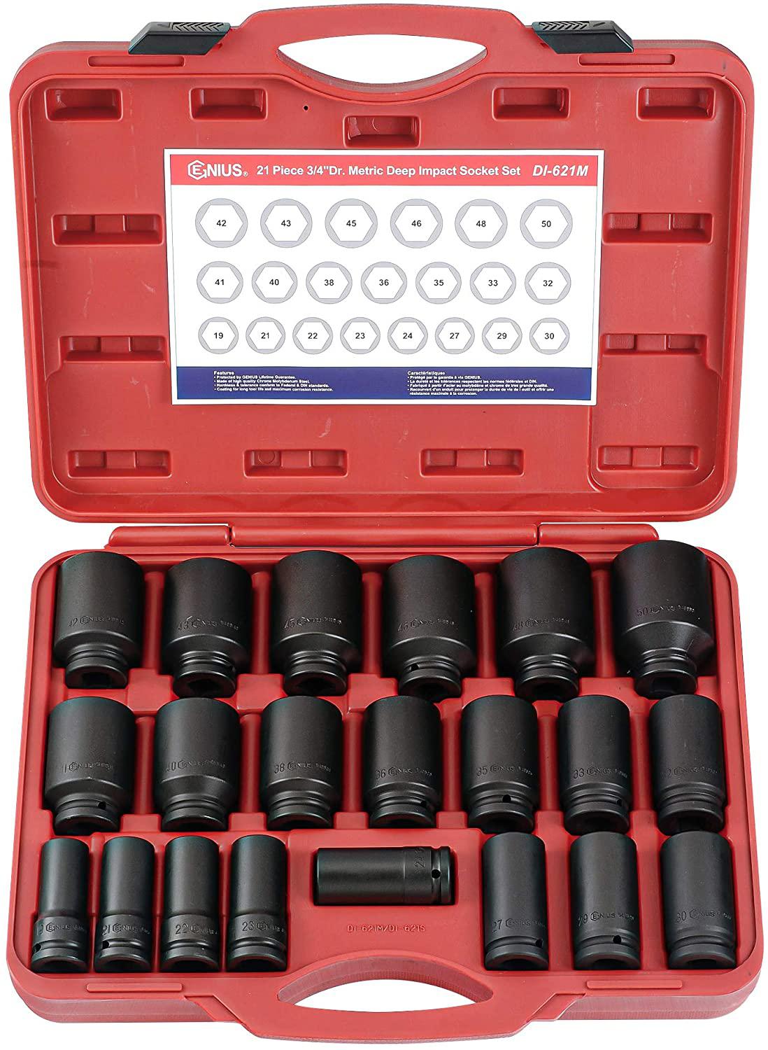 Genius Tools 21PC 3/4" Dr. Metric Deep Impact Socket Set (CR-Mo) - DI-621M