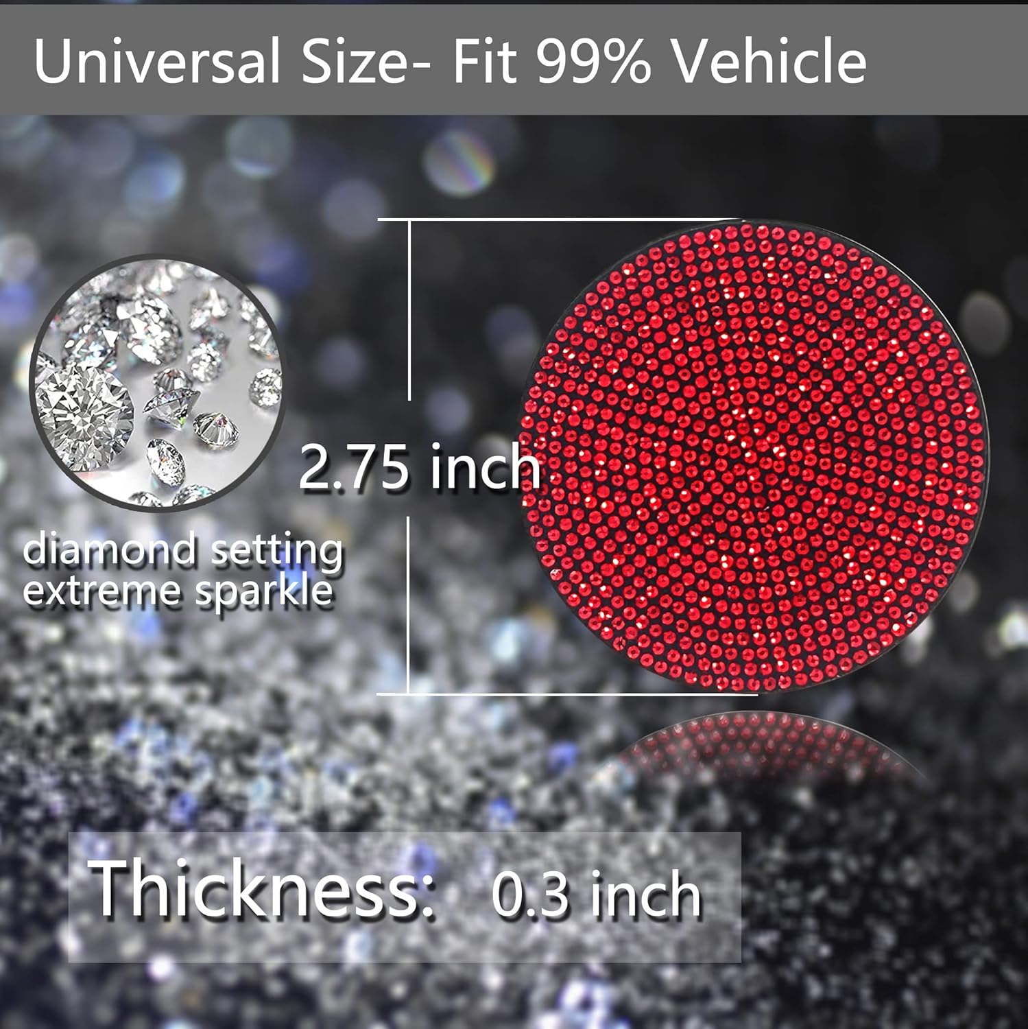 2pcs Bling Car Cup Holder Coaster, 2.75 inch Anti-Slip Shockproof Universal Fashion Vehicle Car Coasters Insert Bling Crystal Rhinestone Auto Automotive Interior Accessories for Women (2 pcs, Red)