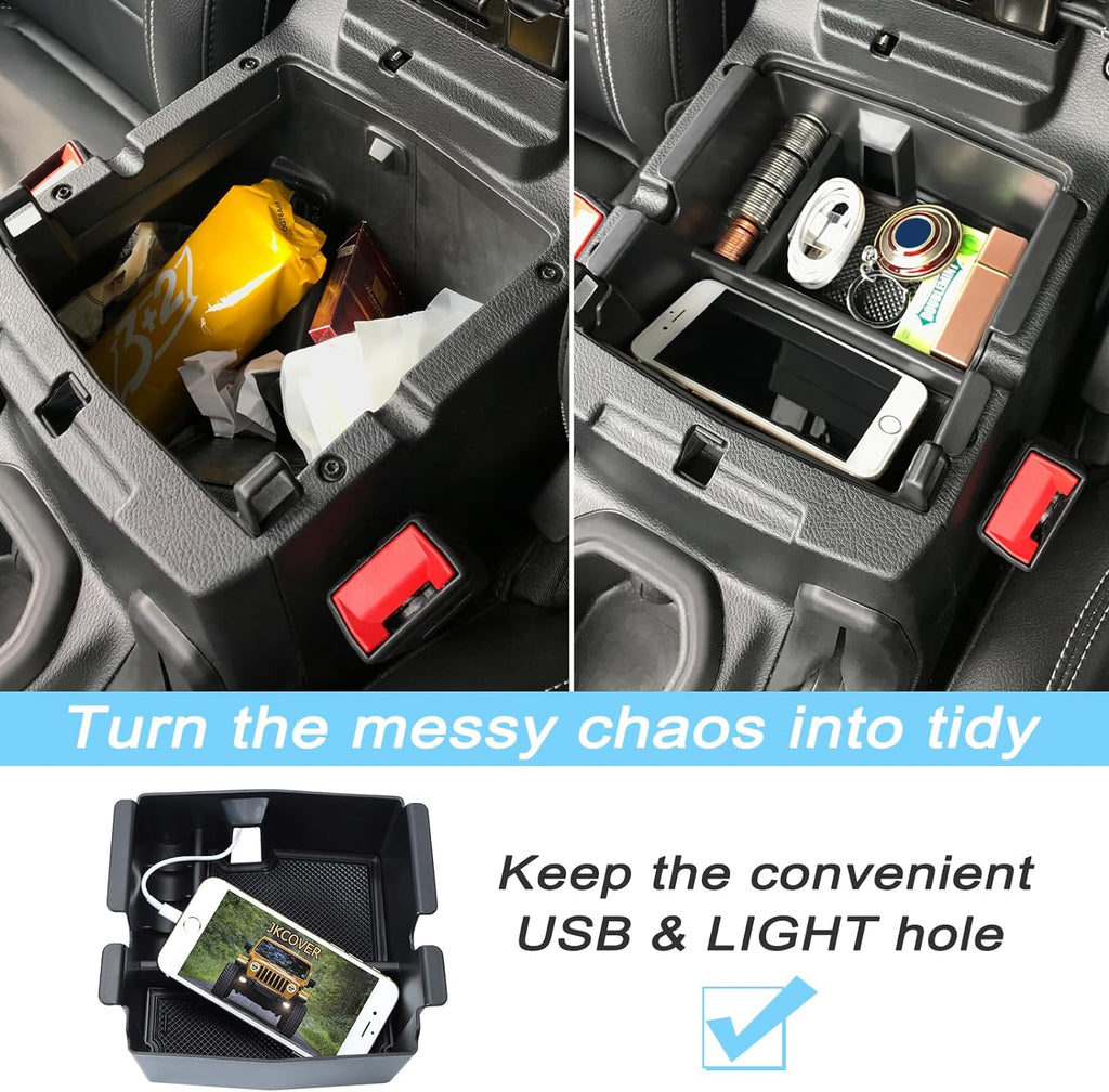 3PCS Center Console Organizer Tray Box Compatible with 2018-2024 Wrangler and 2020-2023 Gladiator Gear Shift Organizer Armrest Accessories Hanging Box（Not for JK/JKU）
