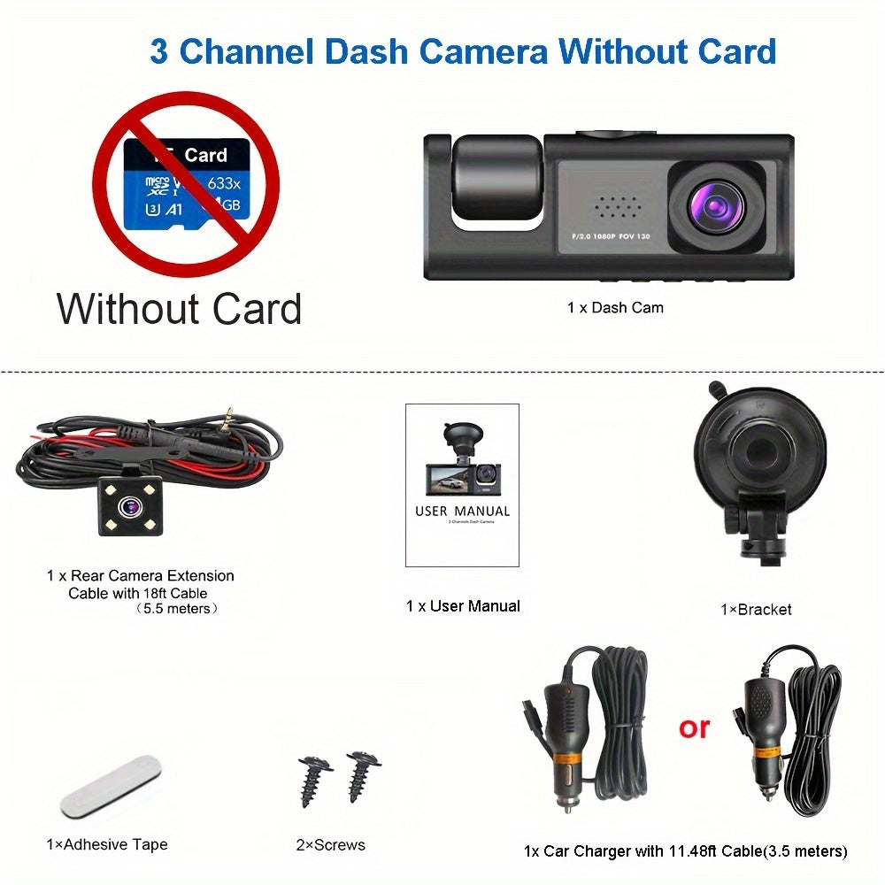 Camera FHD 1080P 3-Channel Dash Camera Front And Rear Inside Dash IR Night Vision Loop Recording G-Sensor Car DVR Camera With 2-Inch IPS Screen 3 Cameras