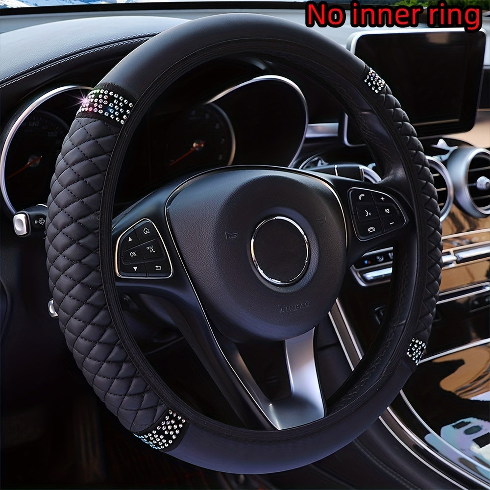 Car Pu Leather Steering Wheel Cover, 14.57-14.96inch Artificial Diamond, Steering Wheel Cover