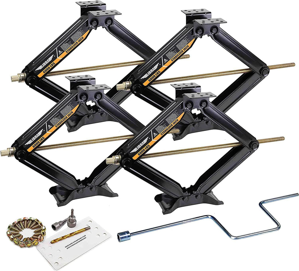 Set 4 Libra 24" 6000lbs RV Trailer Stabilizer Leveling Scissor Jacks w/ Dual Power Drill sockets & mounting Hardware Set