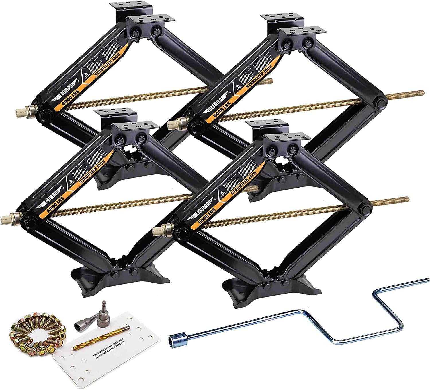 Set 4 Libra 24" 6000lbs RV Trailer Stabilizer Leveling Scissor Jacks w/ Dual Power Drill sockets & mounting Hardware Set