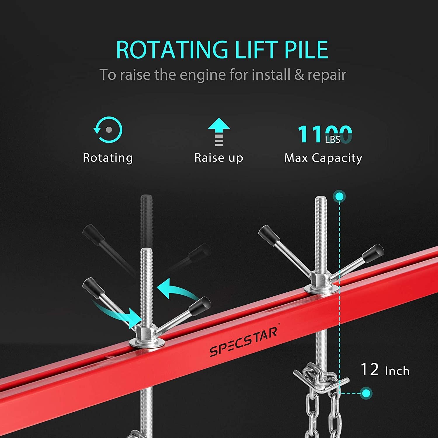 SPECSTAR 1100 Lbs Engine Support Bar Transverse Hoist for Motor Transmission with 2  Lift Holder and Dual Hooks