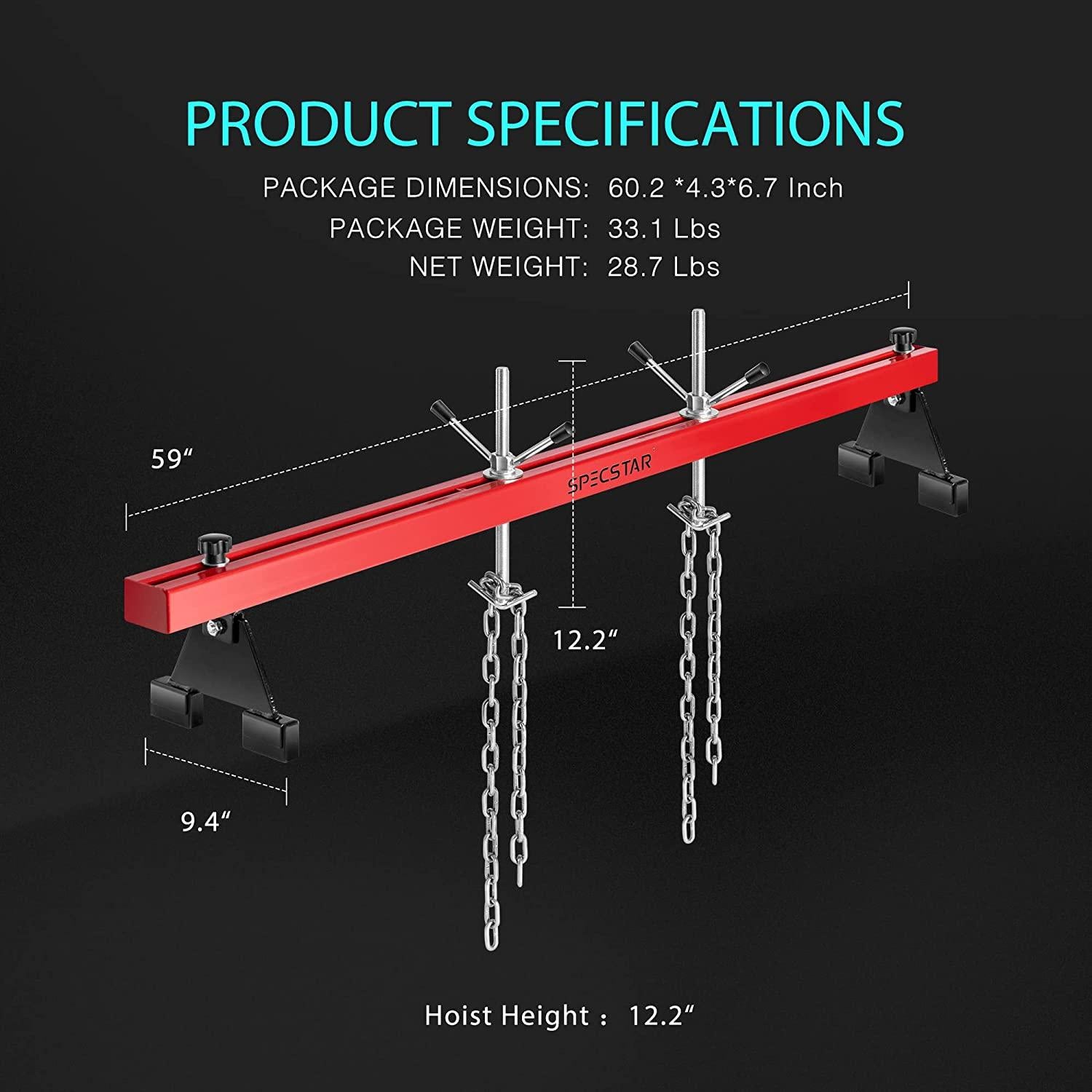 SPECSTAR 1100 Lbs Engine Support Bar Transverse Hoist for Motor Transmission with 2  Lift Holder and Dual Hooks