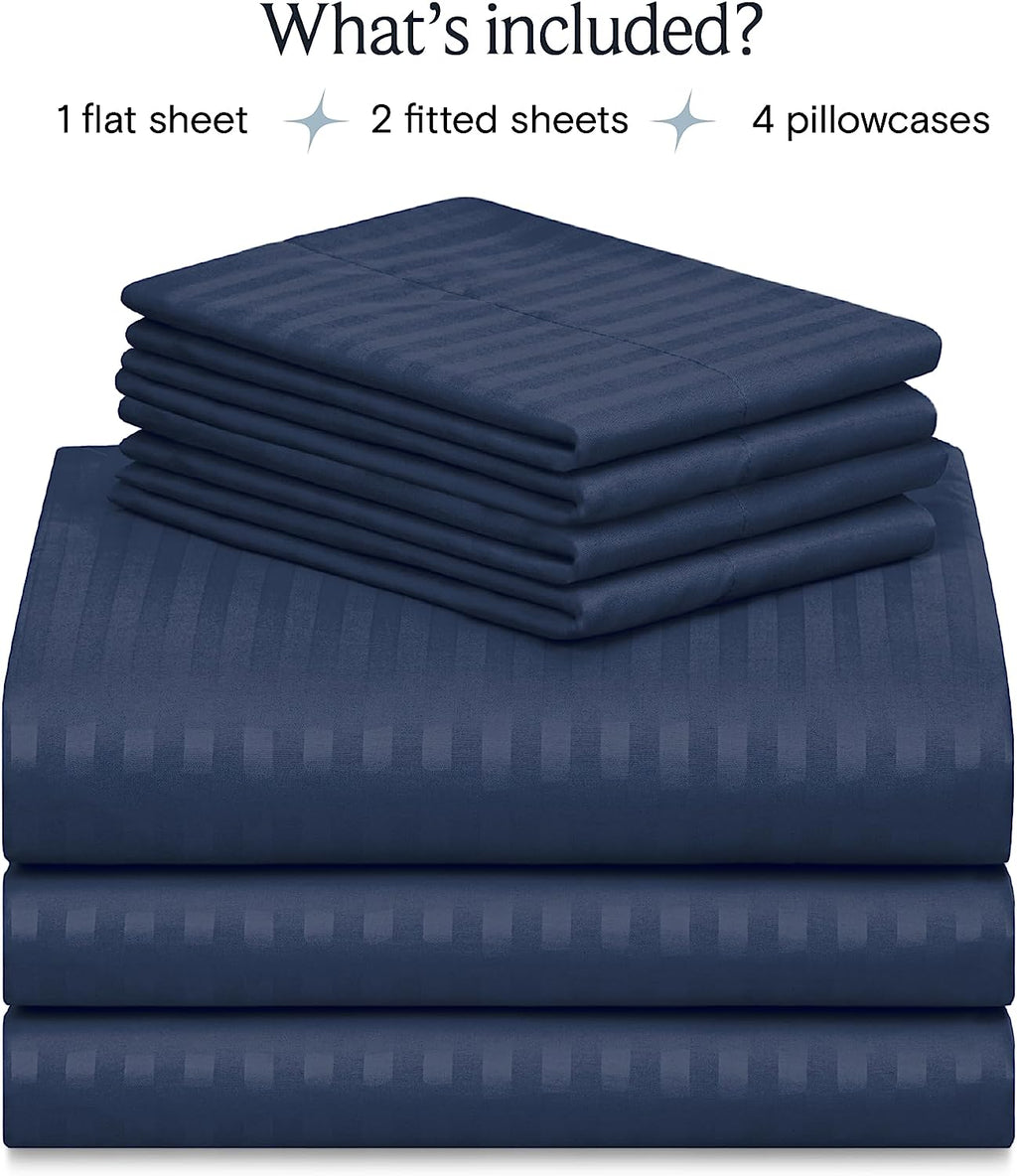 LuxClub Striped Sheets Set, 7 PC Striped Bed Sheets Split King Size, Deep Pockets 18" Eco Friendly Wrinkle Free Cooling Sheets Machine Washable Hotel Bedding Silky Soft (Split King, Striped Navy)