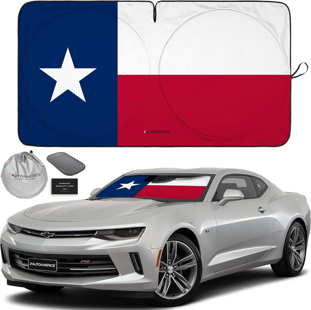 Autoamerics 1-Piece Windshield Sun Shade American Texas Flag USA Patriotic  - Foldable Car Front Window Sunshade for Sedans SUV Truck - Blocks Max UV Rays and Keeps Your Vehicle Cool - Small