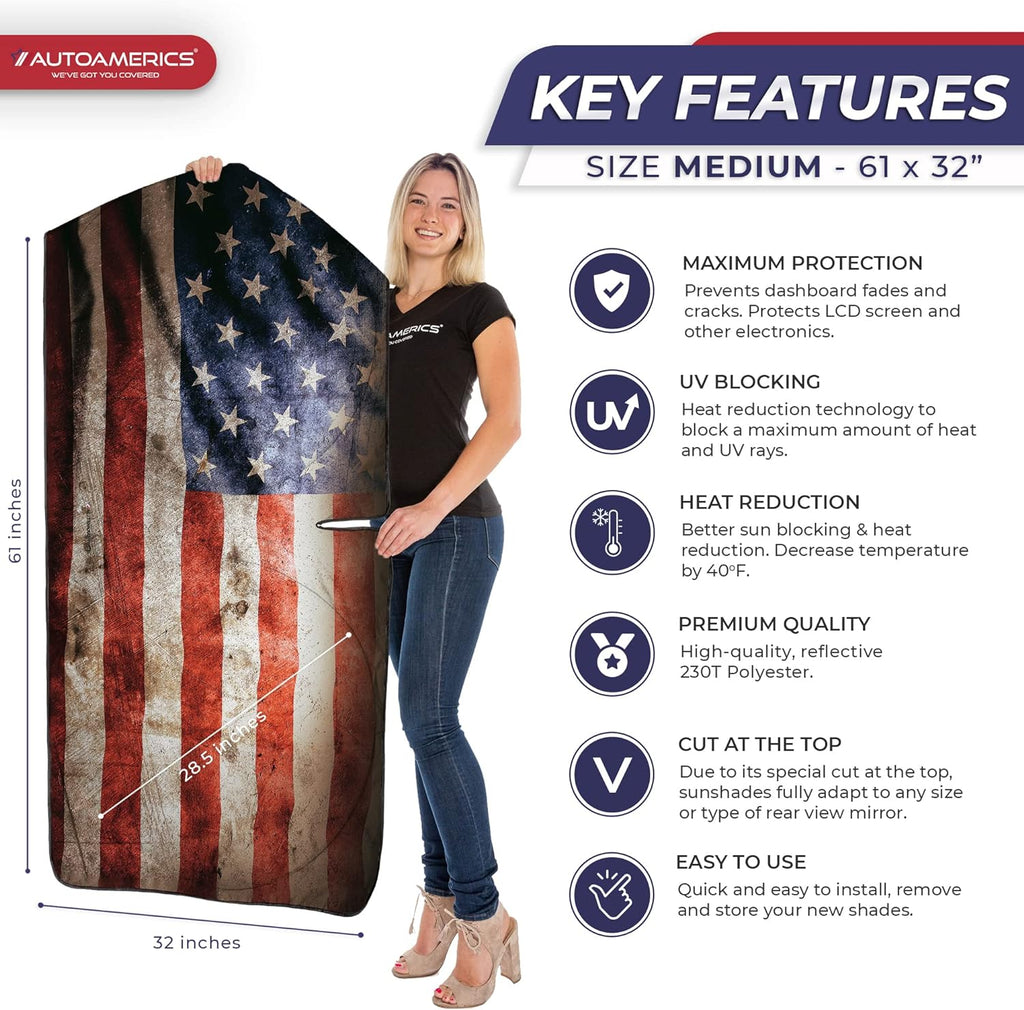 Autoamerics 1-Piece Windshield Sun Shade Grunge American Flag - 2 USA  - Foldable Car Front Window Sunshade for Most Sedans SUV Truck - Blocks Max UV Rays and Keeps Your Vehicle Cool - Medium