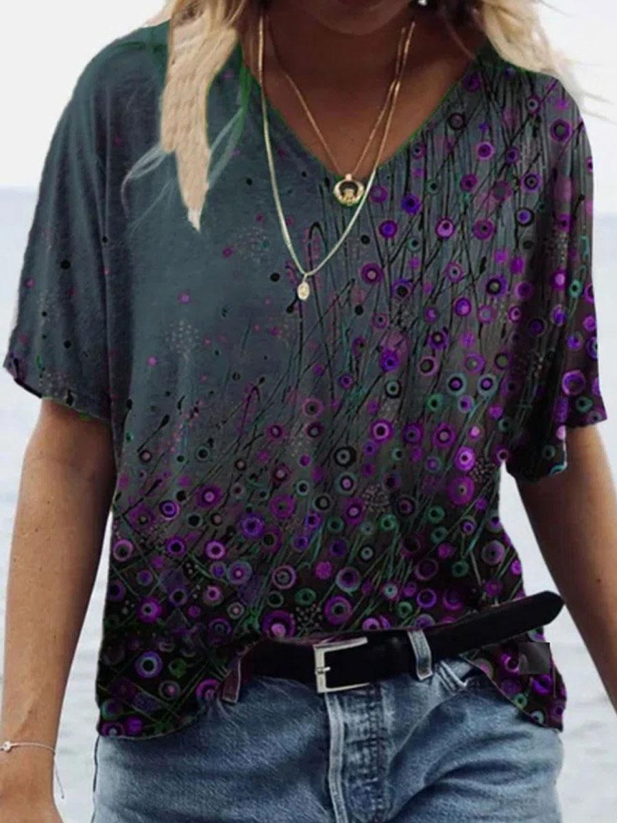 V-neck Printed Loose Short-sleeved Fashion T-shirt